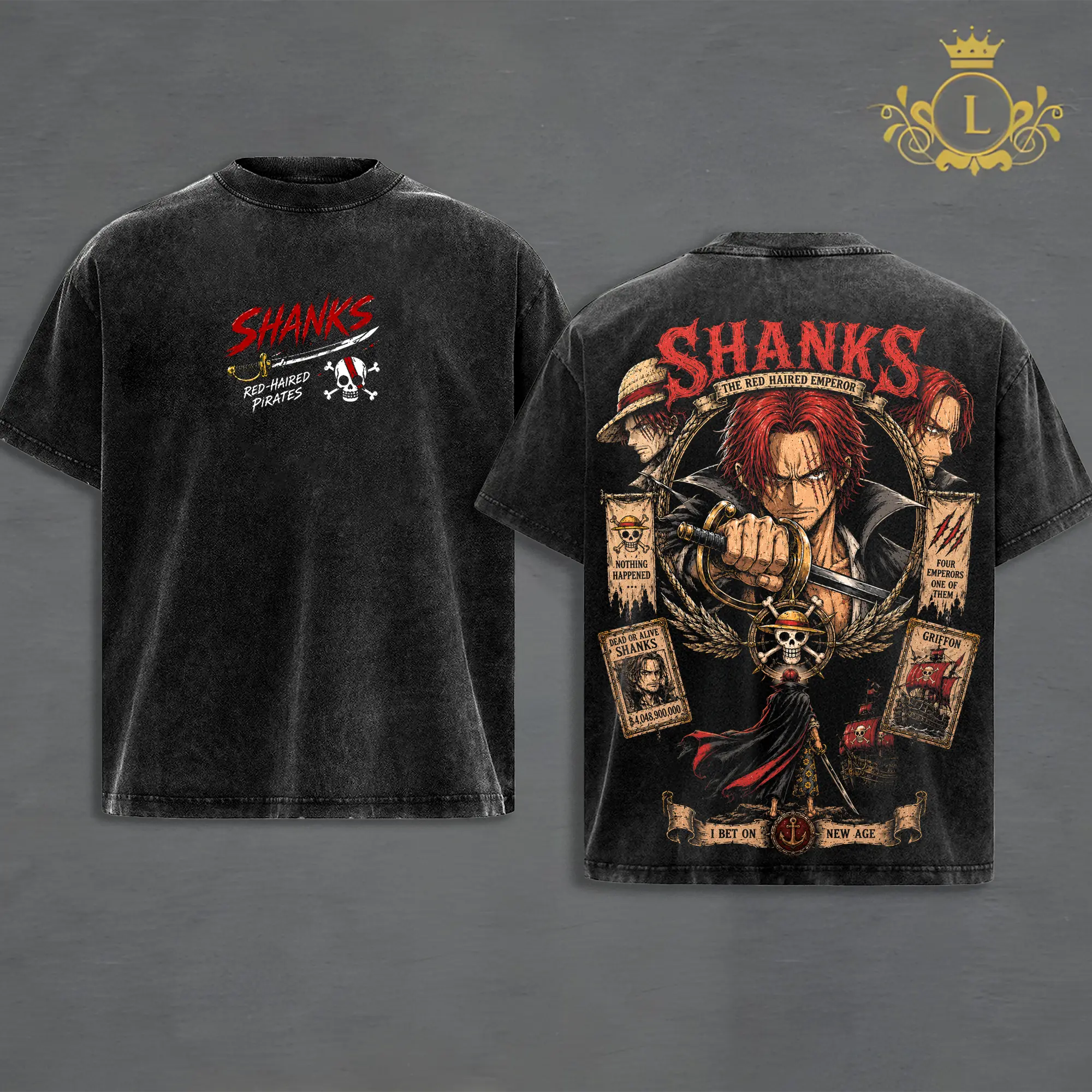 Shanks One Piecee Vintage Washed T-Shirt Hoodie, Red-Haired Emperor Red Hair Pirates Anime Graphic, Four Emperors Griffon Sword New Age Design, Double-Sided Print, Heavyweight Cotton Oversized Unisex Streetwear