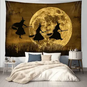 1pc 2D Flat Three Witches Fleeing Wall Tapestry, Full Moon Backdrop, Halloween Wall Hanging Decor For Living Room