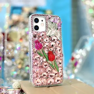 Pink Double Tulip Rhinestone Case with Detachable Chain – Durable Protective Cover, Mobile Phone Accessories for iPhone 17,16,16 Plus,15,14,13,12,11 Pro Max, Protective Phone Cover