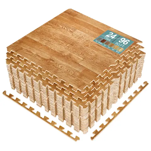 Sorbus Faux Wood Interlocking Foam Flooring Mat - Non Slip Mat, Non-Absorbent Anti-Fatigue Plastic Cover, Jigsaw-Lock Fit, Quick Clean, 12" or 24" Tiles Match Room Layouts, 96 Sq Ft 24Pack, Foot Traffic Resistant, Borders Included, Home & Biz Use