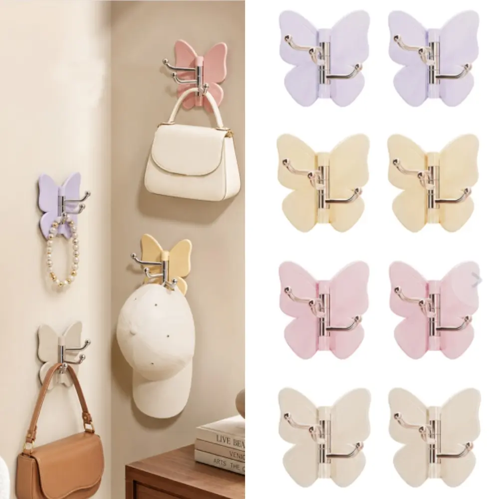 8Pcs 270° Rotatable Butterfly Self-Adhesive Utility Hooks, No Drill Decorative Sticky Wall Hanging Rack, 4 Pastel Random Colors, Fit Flat & Corner Walls for Bathroom Kitchen Bedroom Home Storage Organizer