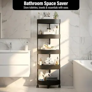 5 Layer Corner Storage Rack with Wheels, Triangular Rolling Shelf, Corner Bathroom Organizer for Bathroom Organization and Storage, Space Saving Plastic