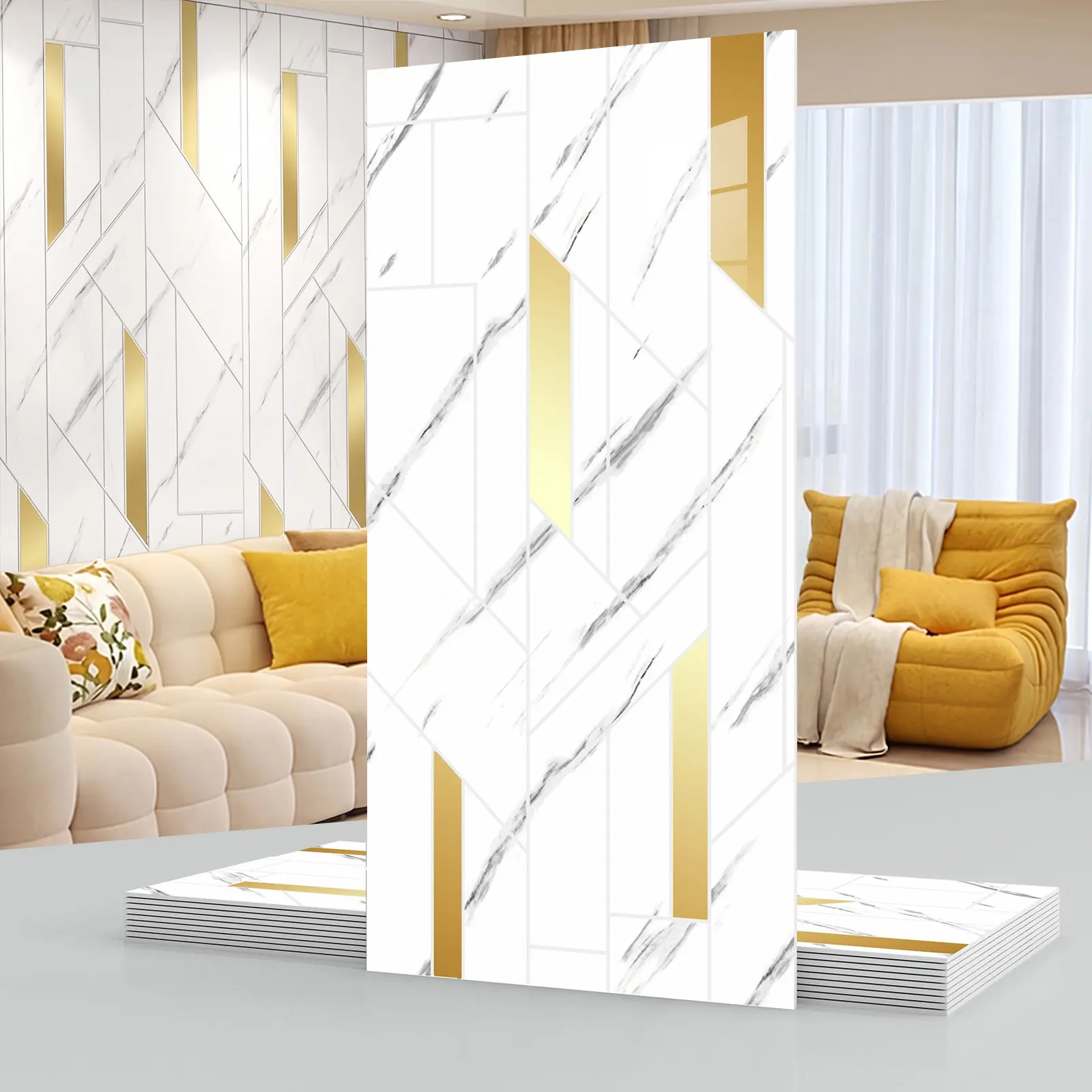 Marble-Look Rectangular PVC Wall Stickers Set Pack - 20/40 Pcs, Smooth Flat Modern Geometric Design, 23.62×11.8 in Peel-And-Stick Waterproof Self-Adhesive Panels, Indoor Home Decor for DIY Enthusiasts (Living Room, Bedroom)