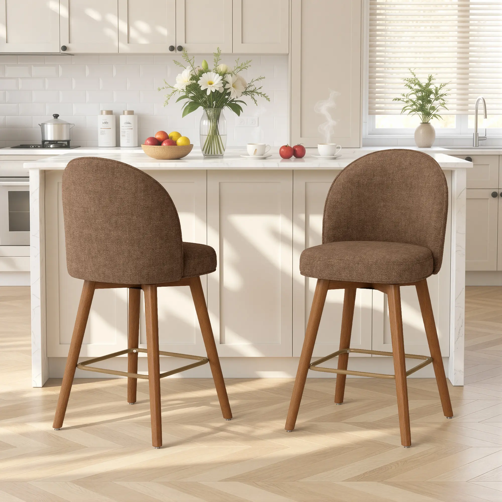 Modern Swivel Bar Stools Set of 2, Chic Upholstered Counter Height(26IN) Bar Chair with Back, Solid Wood Legs and Footrest, Comfortable Chenille Bar Stool for Kitchen Island