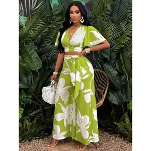 Short Tropical Print Pleated Butterfly Sleeve Shirt and Wide Leg Trousers with Tie Womenswear Clothes Summer Outfits Set Chic