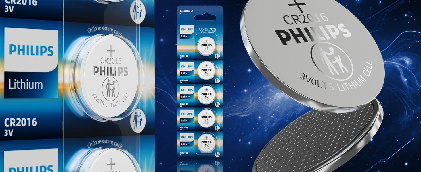 Philips CR2016 3V Lithium Coin Battery (5-Pack) - CR2016 Battery for Slim Remotes, Electronic Tags, Mini Devices