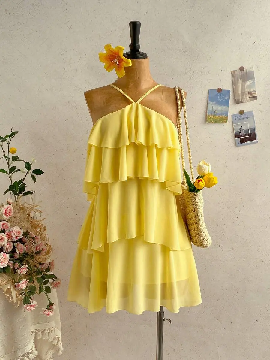 ROSSIE Elegant Romantic Wedding Guest Solid Color Backless Multi Layered Ruffle Chiffon Mini Dress Boho Vacation Party Dress for Women