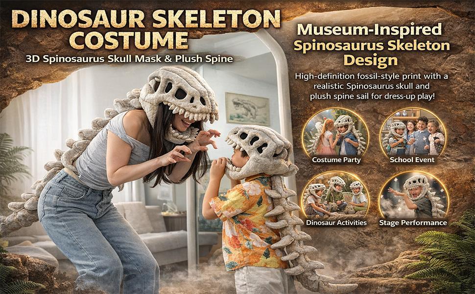 2026 New Dinosaur Skeleton Costume, 3D Spinosaurus Skull Mask & Plush Spine, for Dress-Up Play #HHW
