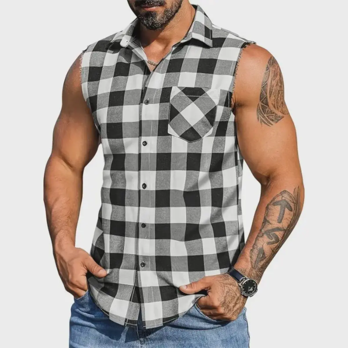 Men's Checked Sleeveless Shirt with Flannel Collar, Casual Summer Streetwear for Beach Vacations, Machine Washable Menswear, Top, Checkered
