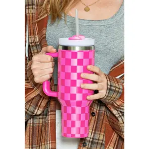 Bright Pink Checkered Print Handled Stainless Steel Tumbler Cup 40oz