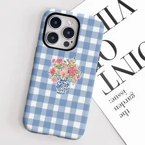 This durable, shock-absorbing, glossy 2-in-1 phone case features a blue checkered floral pattern and is compatible with iPhone 17 promax , 16 pro , 15, 14, 13, 12, 11, X, and Samsung models. It makes a great holiday gift for friends or family.