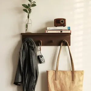 Entrance Coat Rack with Coat Hooks Wall-Mounted Wooden Hook Rack in Walnut Color Finish A-1 for Bags and Umbrellas 15kg Load Capacity