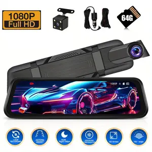 Front & Rear Dual Dash Cam, 1080P, 9.66 Inch Full Touch HD Car Dual Lens DVR Rearview Video Dash Cam Camera, Video Recorder 24H Park Monitor,FathersDayGift, 64GB Card