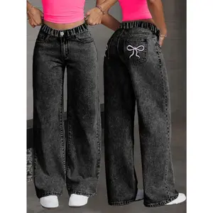 Girls' Y2K-Inspired Straight-Leg Black Jeans with Embroidered Bow Detail - Comfortable Elastic Waistband, Versatile & Trendy for All Seasons, Perfect for Casual Outings, Skateboarding, and Holiday Events, Fits Ages 7-15, Skateboarding Apparel | Y2K Fashio