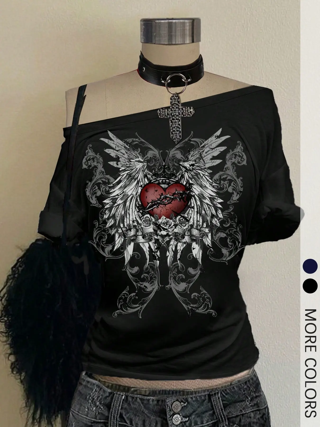 Y2K Grunge Off-Shoulder Fitted Casual Stylish Clothing Graphic Streetwear T-Shirt with Dark Romantic Winged Heart Geometric Design, Women's Alternative Fashion Top for Gothic Lovers