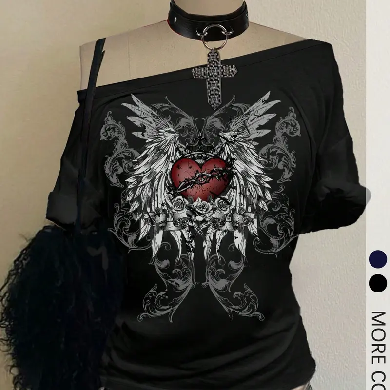 Y2K Grunge Off-Shoulder Fitted Casual Gothic Street Style Stylish Clothing T-Shirt with Dark Romantic Winged Heart Geometric Design, Women's Alternative Fashion Top for Gothic Lovers
