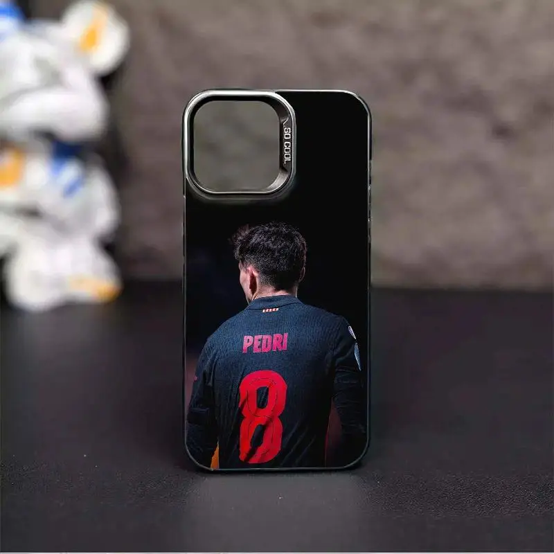 Football star Pedri's iridescent silver phone case, compatible with iPhone 12, 13, 14, 15, 16, and 17. High-transparency, light-reflecting, premium full-coverage protective case.
