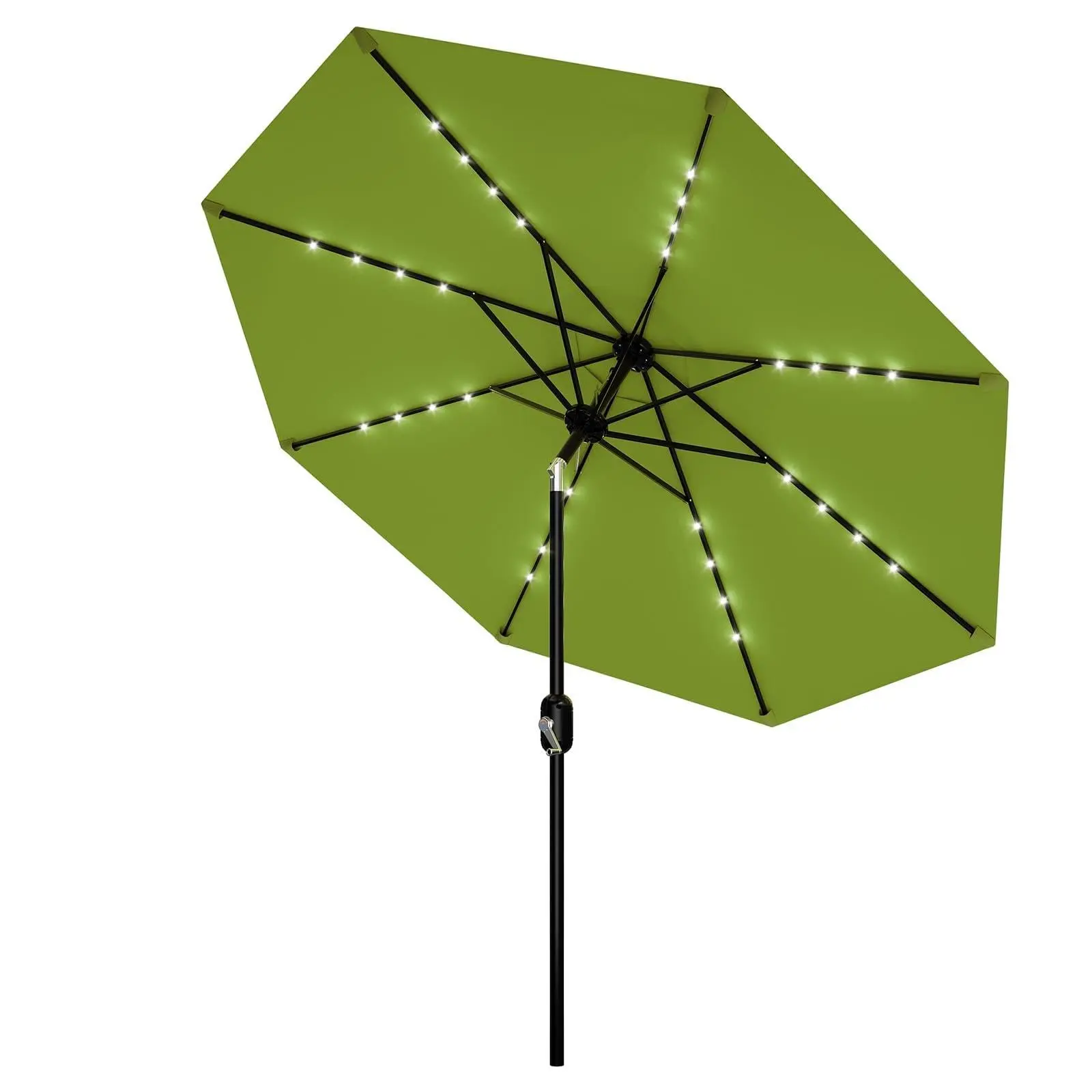 9 FT Grass Green Patio Umbrella with Solar Lights, Outdoor Table Umbrella with 8 Durable Ribs, Tilt & Crank Mechanism, Water & UV Protection Sun Shade Umbrella for Garden, Poolside, Backyard