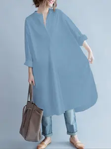 Women's Solid  Button Front Curved Hem Shirt Dress Long Sleeve Fashion Casual For Spring, Autumn