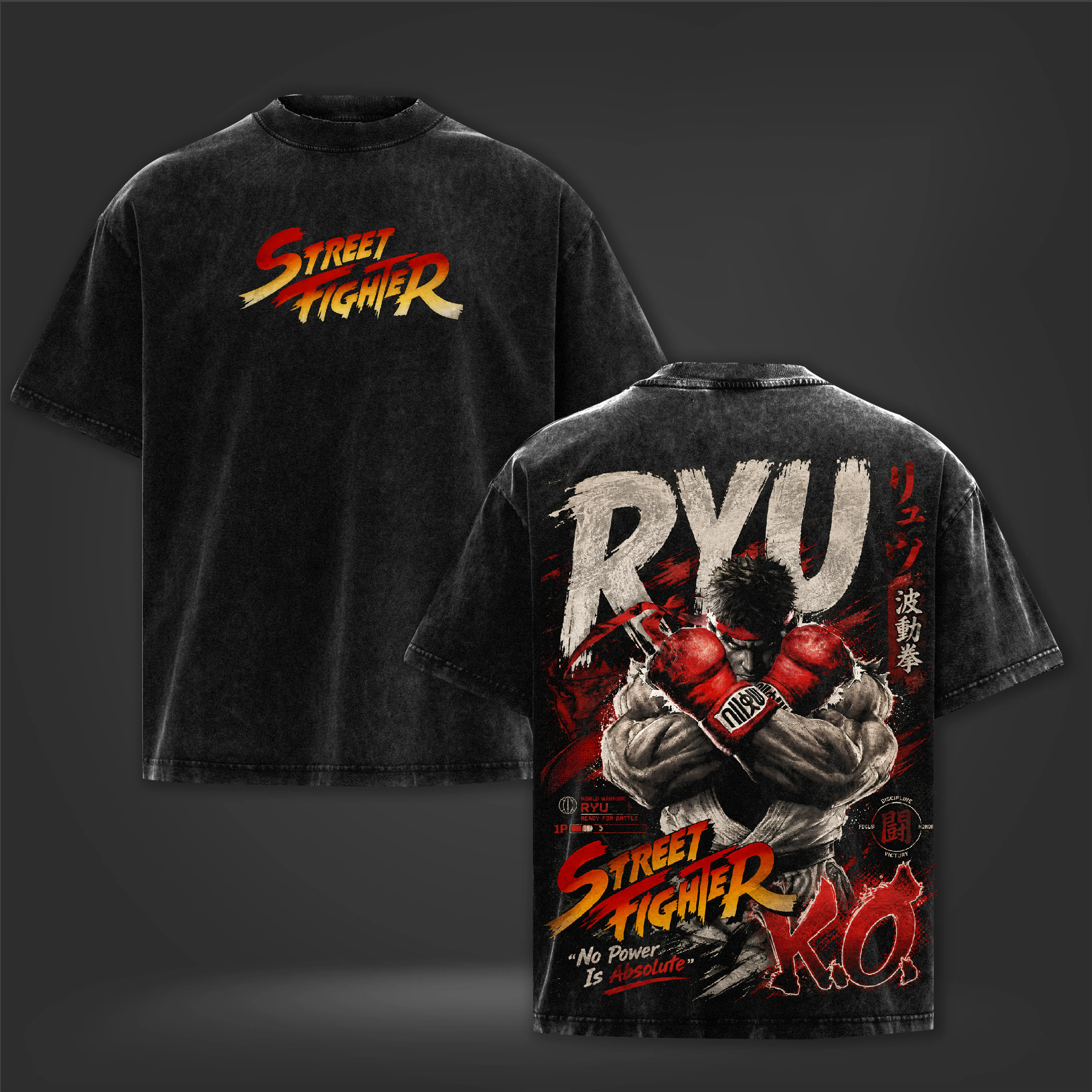 Street Fighter Ryu World Warrior Fighting Game Vintage Washed Black Oversized Graphic T-Shirt, Front & Back Print Unisex Gaming Tee