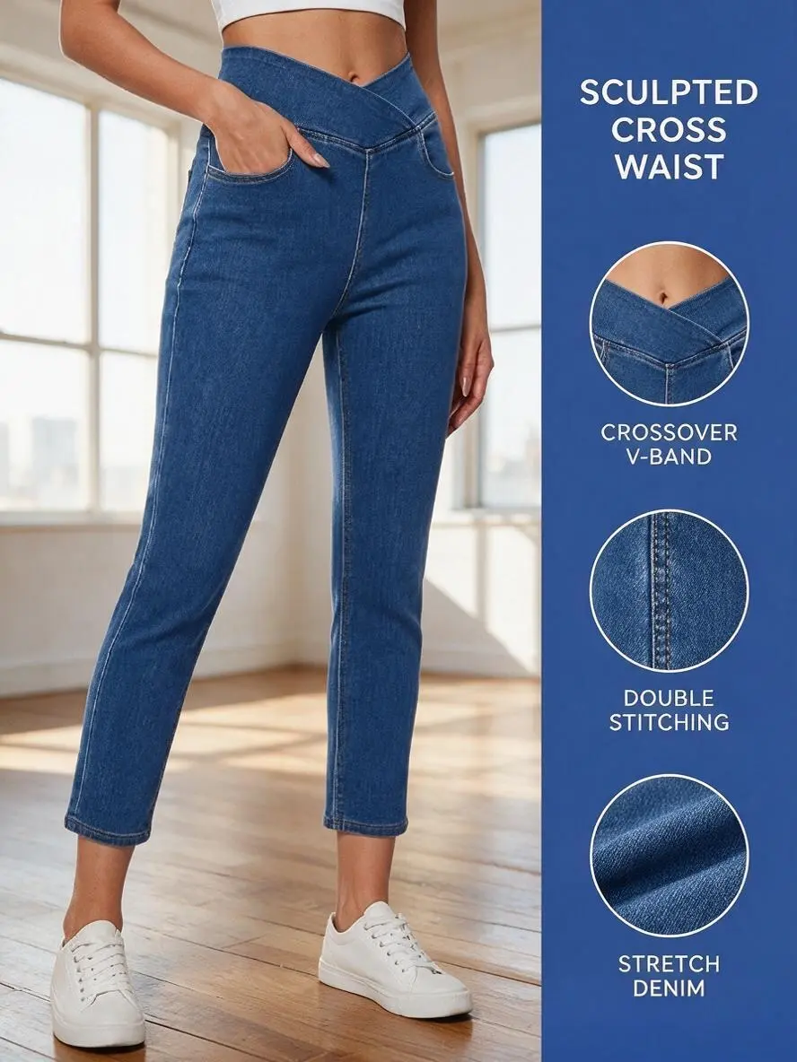 Lady's Cross Waist V-Belt Elastic Denim Bottoms - Straight Jeans with Pocket, Daily Wear Underwear