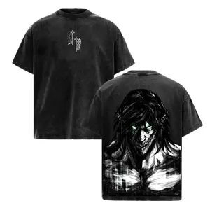 Vintage Eren Yeager AOT Attack On Titan Oversized Graphic Tee Heavyweight Acid Wash Cotton Double Printed T Shirt Y2K Streetwear Gym Pump Cover Japanese Anime Manga Dark Aesthetic Grunge Tatakae Freedom Outfits Merch Perfect Fan Gift Top Unisex