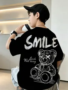 Boys' Loose Short Sleeve T-Shirt, Smiley Bear Graphic Print, Trendy Summer Casual Top, Multiple Colors Available, Bear Print Tee