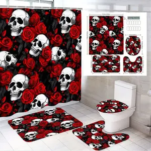 1/4pcs Gothic Bathroom Set with White Skulls & Red Roses - Shower Curtain Sets, 2 Floor Mats, Toilet Seat Cover, Tank Lid Cover - Dark Macabre Romantic Decor for Halloween, Valentine's Day, Gothic Home Aesthetic
