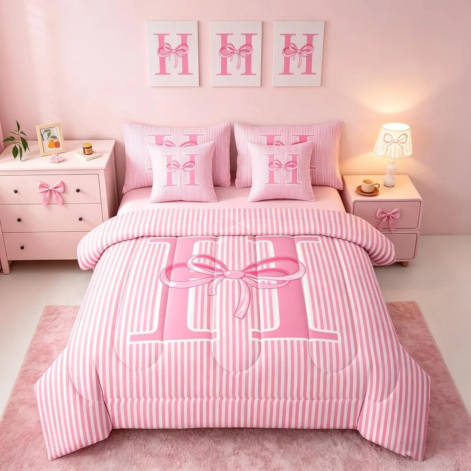 Pink Bow Comforter Set 7 Pieces Dreamy Geometric Bow Bedding Set Personalized Letter H Bed in a Bag with Comforter,Sheets,Pillowcases,Cushion Covers
