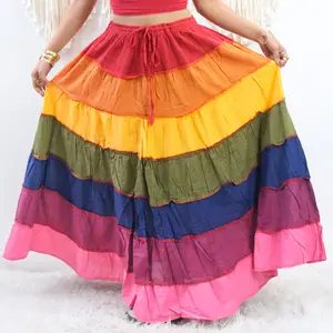 Rainbow Tiered Maxi Skirt with Pockets, Pride Colorful Cotton Skirts, Free Spirit Festival Summer Skirts