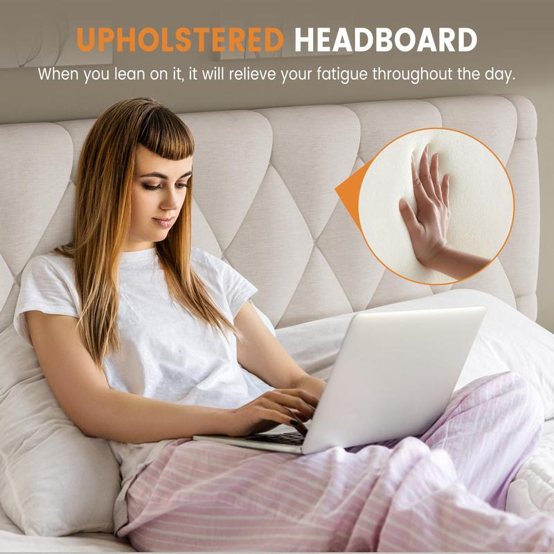 Full Size Bed Frame, Upholstered Platform Bed Frame with Storage Drawers, Mattress Foundation with Solid Wooden Slats Support, No Box Spring Needed, Beige