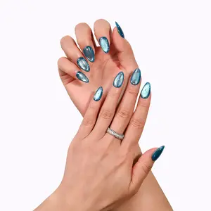 TiTinails Teal Cat Eye Press On Nails| Polka Dot Design| Almond Shape| 100% Handmade 10pc Reusable Set