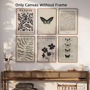 6Pcs/Set Unframed Vintage Butterfly Floral Print Canvas Poster, Unframed Painting, Abstract Matisse Wall Art, Retro Room Decor, Waterproof Canvas Wall Art, Wall Decor Pictures for Home, Dormitory Decoration