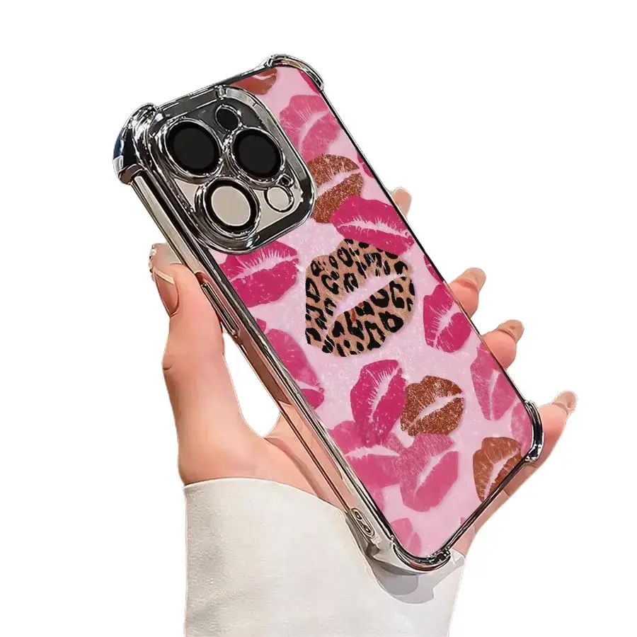 Phone Case: 1pc Leopard Print & Pink Lips Phone Case Compatible with Apple iPhone 17 16 15 14 13 12 11 PRO MAX PLUS,AIR and iPhone X XS MAX ,Shock Proof Camera Protection Girlish Style Cute Fashion Can Be Given to Friends or Lover