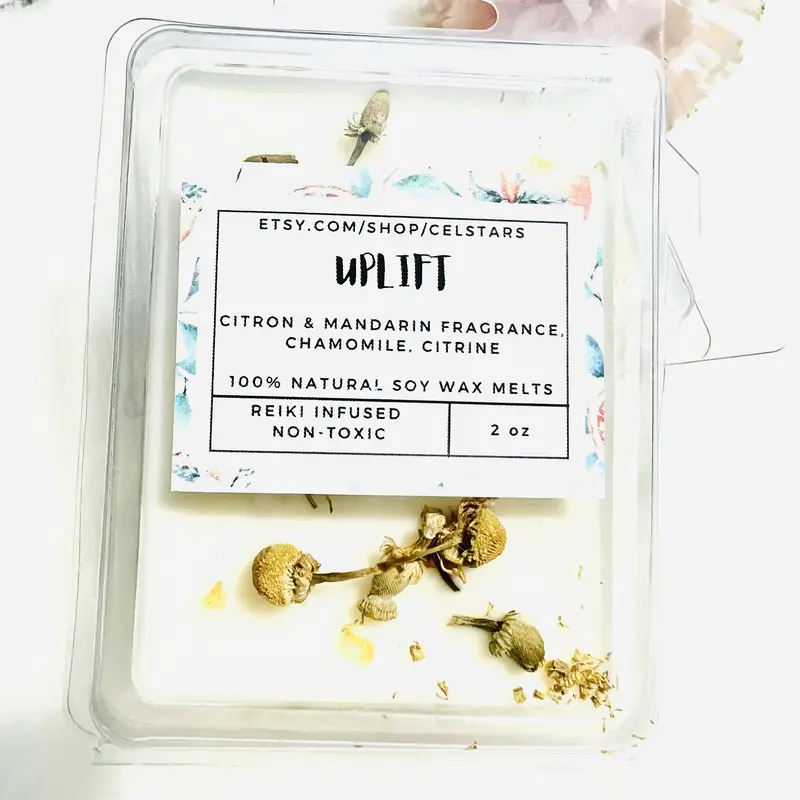 Uplift Soy Wax Melts - Citron & Mandarin Fragrance, Crystal-Topped Intention Candle Tarts, Reiki-Charged Non-Toxic Home Fragrance, 2 oz Clamshell with 6 Breakaway Cubes for Living Room or Bedroom
