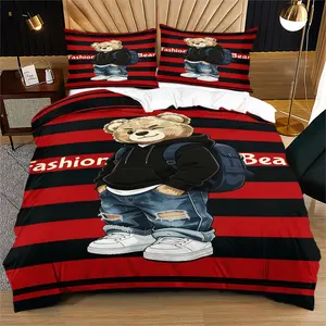 Fashionable bear print pattern quilt cover set, including 1 quilt cover and 1 or 2 pillowcases, excluding quilt and pillow core, suitable for bedroom or dormitory bedding set, suitable for gift giving or personal use