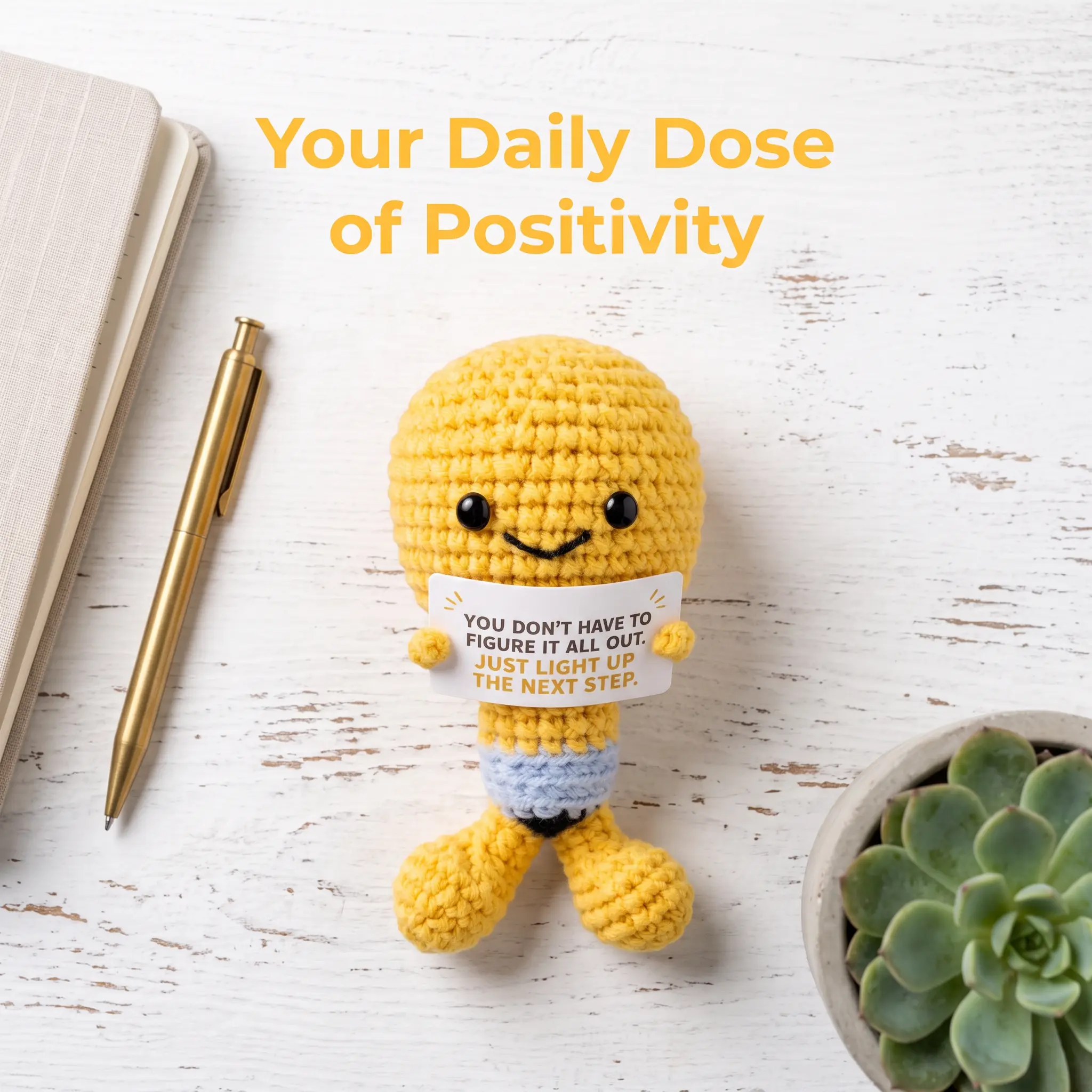 Positive Crochet Light Bulb Doll with Encouragement Card | Gift for coworkers, students, teachers and friends; bright desk decor with a one-step encouragement message