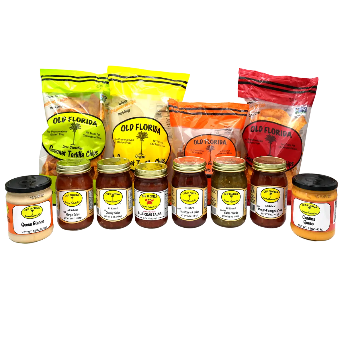 Ultimate Gift Pack from Old Florida Gourmet - Huge Assortment of Tortilla Chips, Premium Jarred Salsa & Cheese Dip - Authentic South Florida Snacks