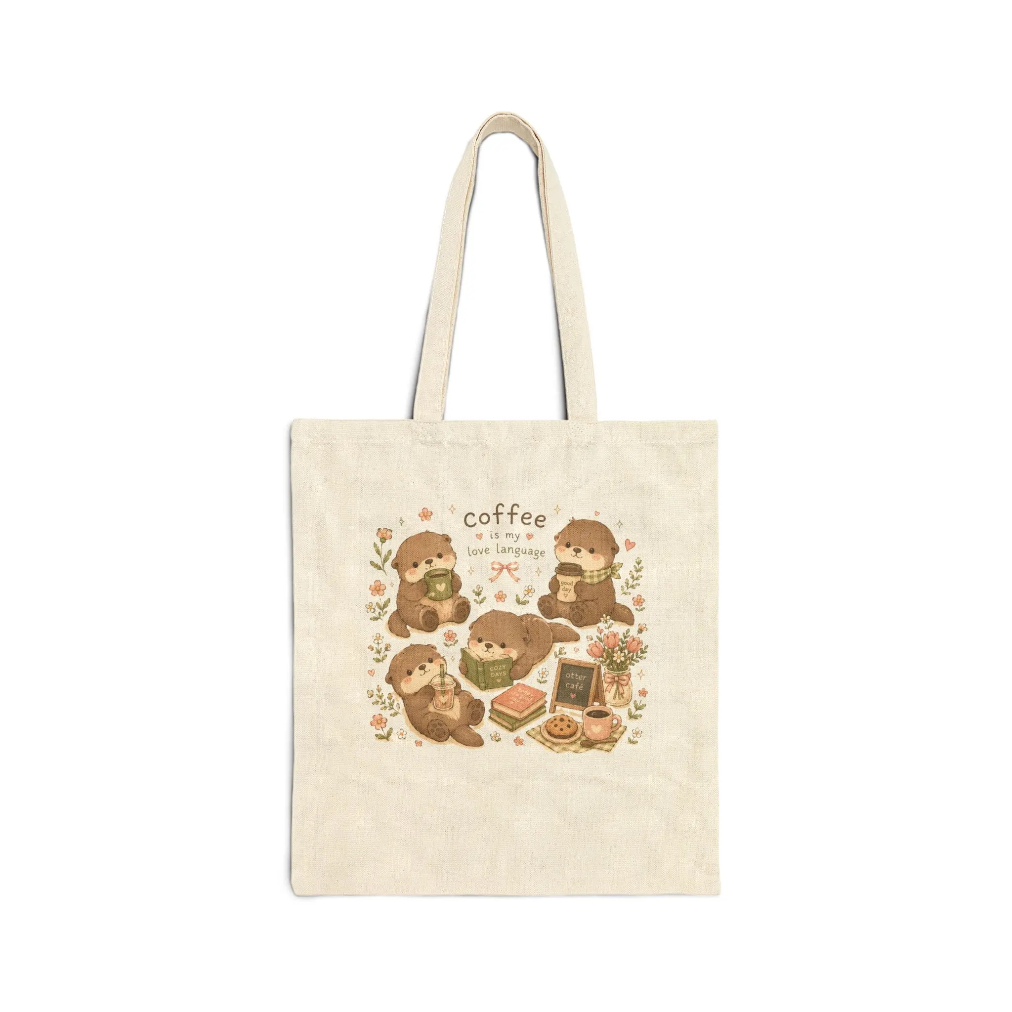 Cute Otter Coffee Illustration Tote Bag | Canvas Shopper, Kawaii Cafe Design