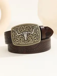 Men's Boho Style Western Style Pu Buckle Belt, Vintage Style Bull Head Decorative Belt, Fashion Clothes Accessories for Daily Wear for Gift, Western Concho Belts