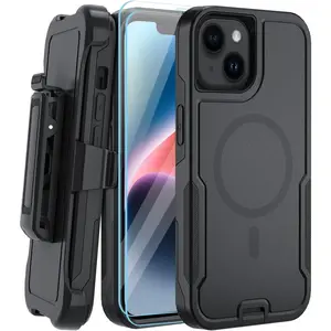 5-in-1 Magnetic Designed for iPhone 14 Case for iPhone 13 Case,Heavy Duty Case Belt Clip Holster,with Tempered Glass Screen Protecto(2 Pcs),Phone Case for iPhone 13/14, (Black)