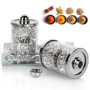 2-Piece Cylindrical Crystal Glass Salt and Pepper Shaker Set with Crushed Gems Design and Tray, Elegant Seasoning Canisters, Kitchen Utensils for Kitchen or Dining Room Counter