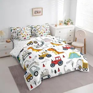 Construction Comforter Set with Sheets,7 Piece  Cartoon Dinosaur Bed in a Bag Equipment Trucks Bedding Set,Construction Vehicles Kawaii Jungle Dino Bed Set,Room Decor