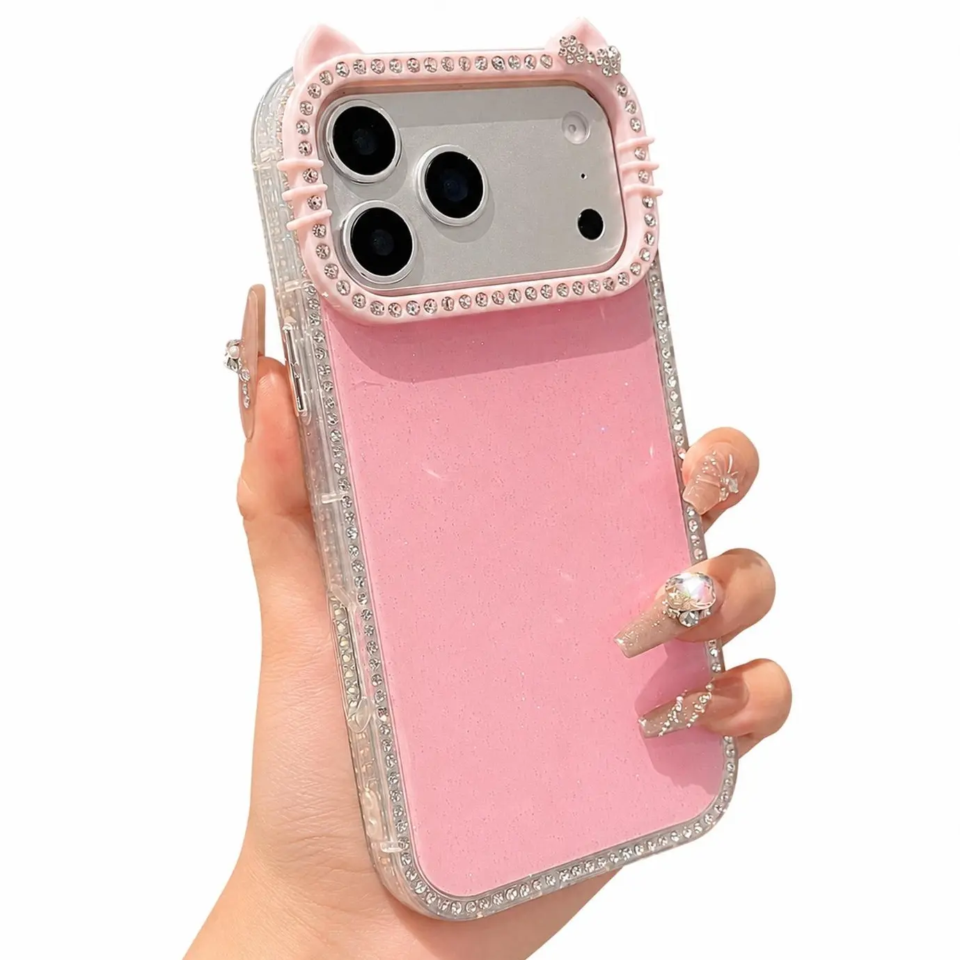 OREKROY Rhinestone Diamond Cat-Ear Phone Case with Glitter for iPhone 17 Pro Max /16/15/14/13/12/11, Shockproof Acrylic Cute Kawaii Cover for Girl