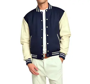 Deckra Men's Long Sleeve Wool-and-Leather Casual Baseball Jacket - Navy Blue/Cream, Button Front, Letterman Look, Multiple Pockets, Menswear Tops & Coats