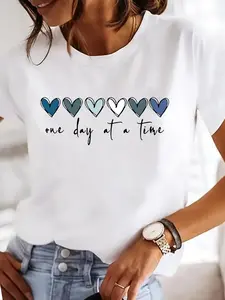 Women's Light Blue "One Day at a Time" Letter Print T-Shirt - Short Sleeve Crew Neck Casual Top with Heart Accents, Breathable Summer & Spring Tee, Machine Washable, Comfortable Fit, 100% Cotton, Playful Graphic Shirt
