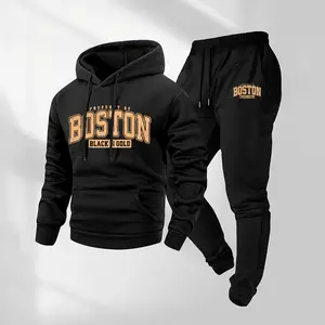 Men's Boston Patterned Hoodie And Drawstring Track Pants Set, Men's Casual Athletic Long-Sleeved Hooded Jacket And Pants, Suitable For Fall And Winter, Street Style Hoodie Set, Everyday Wear, Indoor And Outdoor Sportswear