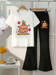 Boy And Girl Capybara Stacking Toys Strawberry Milk Tea Cartoon Print, Summer Set - T-Shirt With Round Neck, Short Sleeves And Fitted + Flared Pants, Sweet And Cool Casual Everyday Streetwear Two-Piece Set - Comfortable For Daily Use, Great Gift Choice