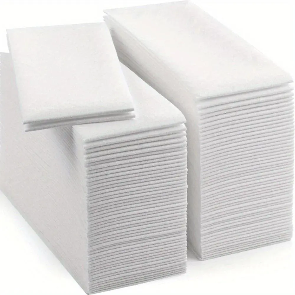 Sustainable Bamboo Fiber Disposable White Linen-Textured Folded Napkins - Dust-Proof Guest Hand Towels for Hotels, Wedding Events (Plastic-Free Alternative)