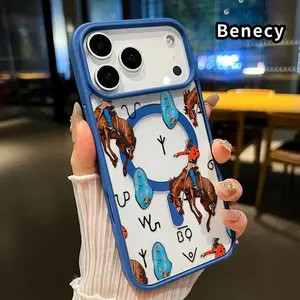 Magnetic Soft Case for iPhone 17 16  Pro Max Plus 15 14 13 12 11 Air E Cowboy Turquoise Pattern Anti-Yellowing Shockproof ultra-thin Silicone Crystal Transparent Acrylic Cover Supports Wireless Charging